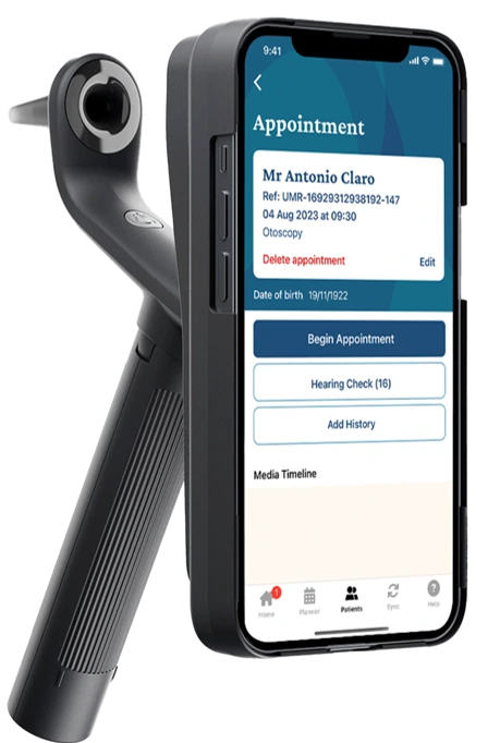 The Tympa handset paired with the companion app, showing a live appointment screen with hearing check and otoscopy options